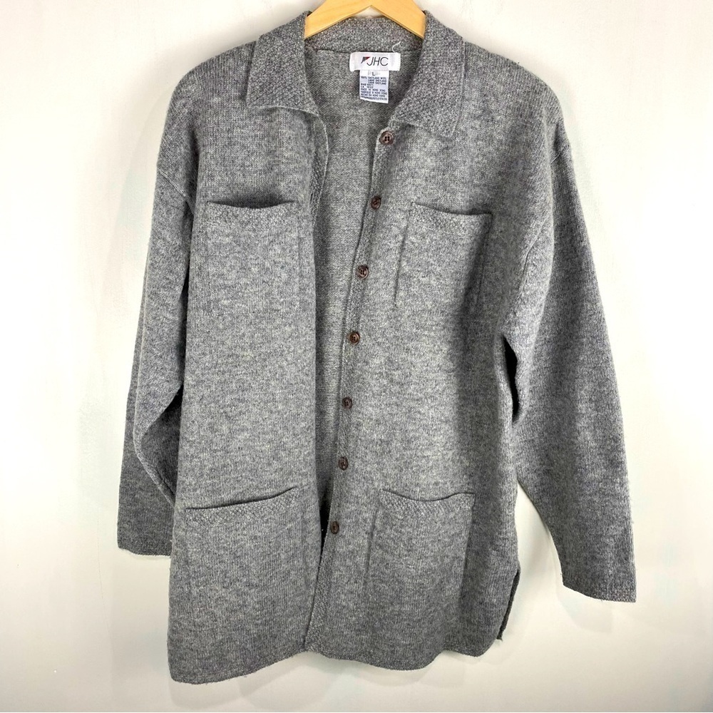 JHC Longline 100%‎ Shetland Wool Button Up Down Cardigan Sweater Gray Size Large